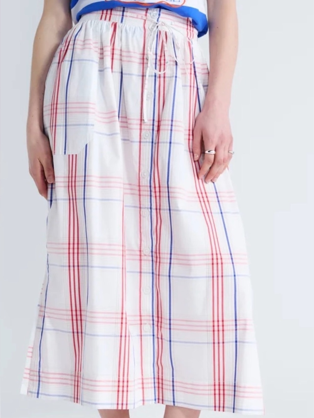 Women’s White Plaid Button-Front Skirt with Red & Blue Stripes